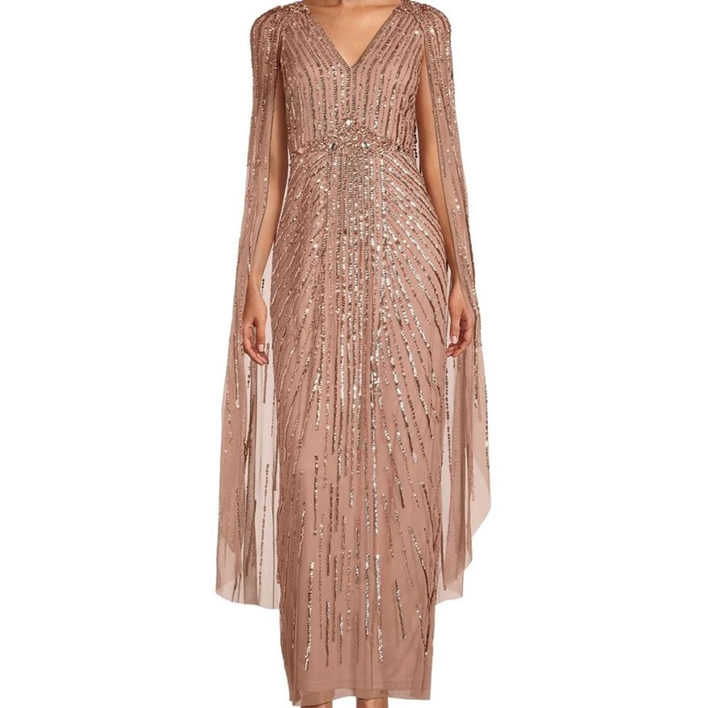 Adrianna Papell
V-Neck Beaded Sequined Cape Gown size 10 rose gold.